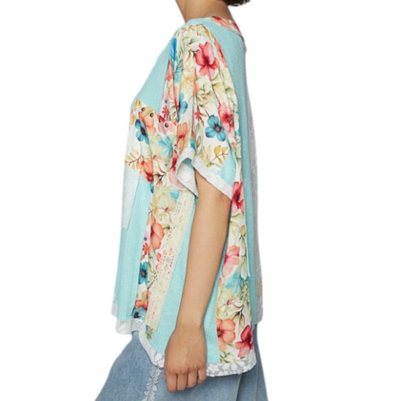 #394-POL Floral Lace Patchwork Top-Aqua S/M/L NIP POL SHORT SLEEVE PATCH - Picture 4 of 5